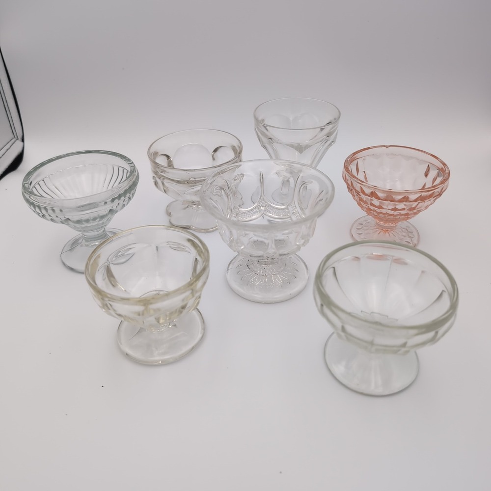 7 Vintage Mismatched Glass Ice Cream Sundae Sherbet Dessert Cups Footed Party